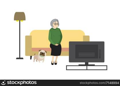 Cartoon old woman or grandmother at home watching tv with dog,isolated on white background,flat vector illustration. Cartoon old or grandmother woman at home watching tv with dog