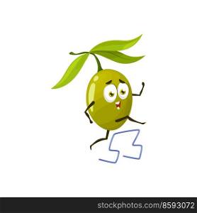 Cartoon olive character jumping over the barrier. Funny vector vegetable sportsman mascot racing with obstacles, healthy lifestyle, sports activity graphic isolated on white. Cartoon olive character jumping over the barrier