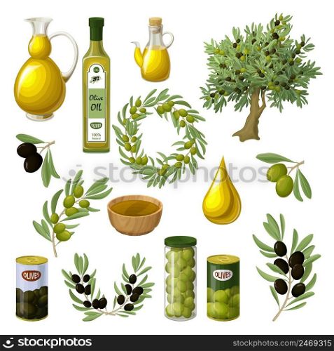 Cartoon olive oil elements set with tree branches wreath pitchers cans jars drop bowls isolated vector illustration. Cartoon Olive Oil Elements Set