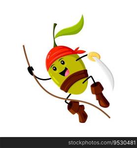 Cartoon olive pirate and corsair vegetable character with a sword, fearlessly riding a rope. Isolated vector amusing personage full of charm and whimsy, embodies adventure, mischief, and daring spirit. Cartoon olive pirate corsair vegetable character