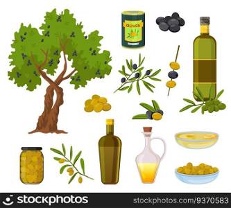 Cartoon olive products. Black and green olives in jars, healthy virgin oil in bottles and bowl. Olive tree and branch with leaves vector set. Illustration olive product, green plant. Cartoon olive products. Black and green olives in jars, healthy virgin oil in bottles and bowl. Olive tree and branch with leaves vector set