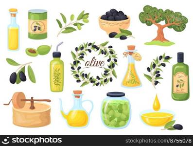 Cartoon olive products. Feta oil greece traditional food, bowl olives snack, mediterranean snacks, olieve drops bottle branch olival tree, flat vector illustration. Olive product oil and organic food. Cartoon olive products. Feta oil greece traditional food, bowl olives snack, mediterranean snacks elements, olieve drops in bottle branch olival tree, flat neat vector illustration