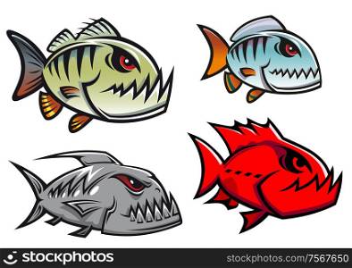 Cartoon olorful pirhana fish characters with sharp jagged teeth in different designs, vector illustration