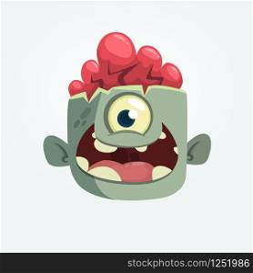 Cartoon one eyey zombie head smiling. Halloween vector illustration
