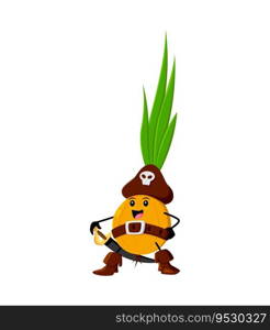 Cartoon onion pirate and corsair vegetable character with sword. Isolated vector mischievous veggies personage, ready for adventure on the high seas. Ripe garden plant captain wear tricorn rover hat. Cartoon onion pirate and corsair funny vegetable