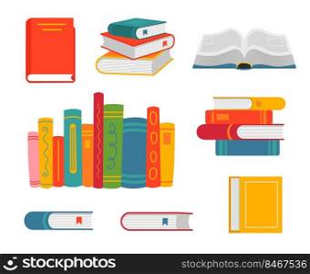 Cartoon open and closed books set. Vector illustrations of stack of books, educational textbook from bookshelf of school library or bookstore isolated on white. Studying, knowledge, education concept. Cartoon open and closed books set