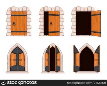 Cartoon open and closed medieval castle door and dungeon gate. Ancient arched wooden, iron and stone gates. Old fortress entrance vector set. Historic architecture heavy door for game. Cartoon open and closed medieval castle door and dungeon gate. Ancient arched wooden, iron and stone gates. Old fortress entrance vector set