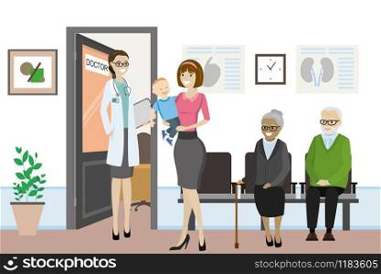 Cartoon open door to the doctor&rsquo;s office and different people are waiting,caucasian female nurse in front of the office,flat vector illustration. Cartoon open door to the doctor&rsquo;s office and different people ar