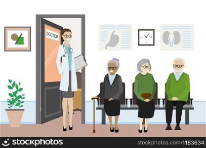 Cartoon open door to the doctor&rsquo;s office and old people are waiting,caucasian female nurse in front of the office,flat vector illustration.. Cartoon door to the doctor&rsquo;s office and old people are waiting.