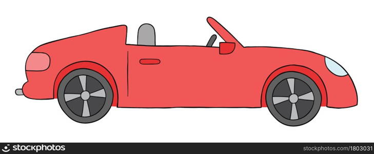 Cartoon open top luxury red car, vector illustration. Colored and black outlines.