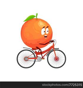 Cartoon orange fruit vector icon, funny sportsman character riding bicycle doing sport exercises isolated on white background. Healthy food, sports lifestyle, organic nutrition symbol. Cartoon orange fruit vector icon, funny sportsman