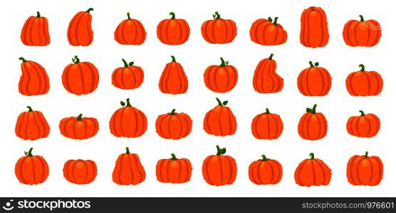 Cartoon orange pumpkin. Halloween october holiday decorative cute traditional pumpkins signs. Yellow gourd, healthy squash vegetable autumn farm nature vector isolated icon illustration set. Cartoon orange pumpkin. Halloween october holiday decorative pumpkins. Yellow gourd, healthy squash vegetable vector illustration set