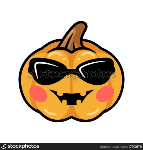 Cartoon orange pumpkin with sunglasess and happy face expression