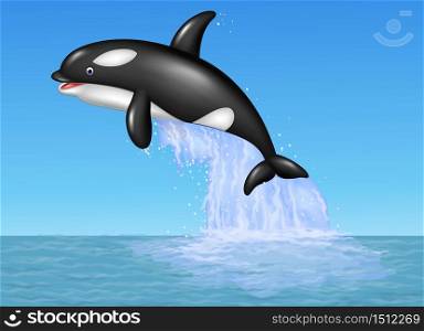 Cartoon orca jumping on the blue ocean background