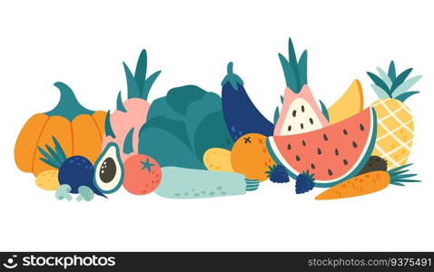 Cartoon organic food. Vegetables and fruits, natural fruit and vegetable products. Garden veggies and fruits, vegetarian or vegan vitamins diet, salad roots character vector illustration. Cartoon organic food. Vegetables and fruits, natural fruit and vegetable products vector illustration