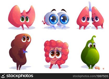 Cartoon organs characters thyroid, eyes, lungs and spleen with intestine and gallbladder. Human body anatomy, medical emoji, comic mascots with kawaii smiling faces, Vector illustration, icons set. Cartoon organs characters thyroid, eyes, lungs