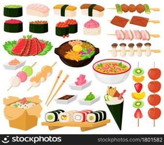 Cartoon oriental asian cuisine street food delicious dishes. Japanese food, noodles, sashimi, seafood sushi rolls vector illustration set. Delicious chinese or japanese food, fruit desserts on skewers. Cartoon oriental asian cuisine street food delicious dishes. Japanese food, noodles, sashimi, seafood sushi rolls vector illustration set. Delicious chinese or japanese food