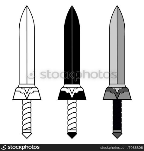 Cartoon, Outline, Black Sword isolated on white background. Medieval Weapon. Adventure Items. Vector illustration for Your Design, Game, Card, Web.