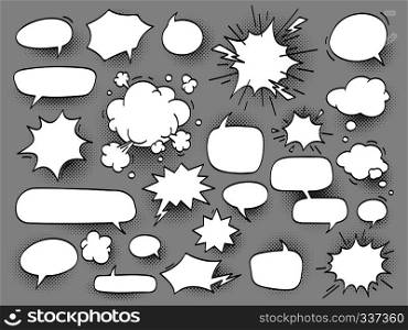 cartoon oval discuss speech bubbles and bang bam clouds with halftone shadow. Outline blank white chat cloud, balloons for comics vector illustration set isolated. cartoon oval discuss speech bubbles and bang bam clouds with hal