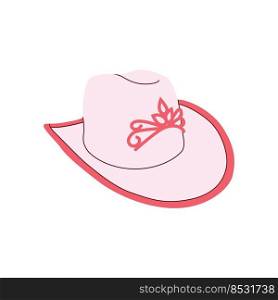 Cartoon  owgirl white hat with pink diadem. Wild West fashion style. Cowboy western theme  wild west concept. Horse Ranch. Hand drawn colored flat vector illustration.