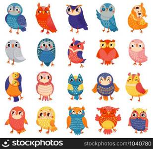 Cartoon owl. Cute color owls, forest birds and hand drawn baby owl. Owlet birdie characters, doodle baby owls expression. Isolated vector illustration icons set. Cartoon owl. Cute color owls, forest birds and hand drawn baby owl vector illustration set