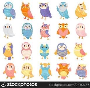 Cartoon owl. Cute color owls, forest birds and hand drawn baby owl. Owlet birdie characters, doodle baby owls expression. Isolated vector illustration icons set. Cartoon owl. Cute color owls, forest birds and hand drawn baby owl vector illustration set