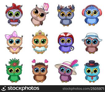 Cartoon owl. Cute owls in cap and scarf, funny baby wild forest animals. Comic art woodland characters, kids birds stickers, garish vector set. Owl with hat and scarf smiling, characters love. Cartoon owl. Cute owls in cap and scarf, funny baby wild forest animals. Comic art woodland characters, kids birds stickers, garish vector set