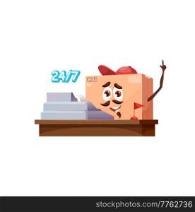 Cartoon package cardboard box character, everyday delivery service. Vector mascot in postman worker cap sit at cashier desk waving hand. Isolated funny parcel, smiling cargo pack friendly personage. Cartoon package cardboard box, delivery service