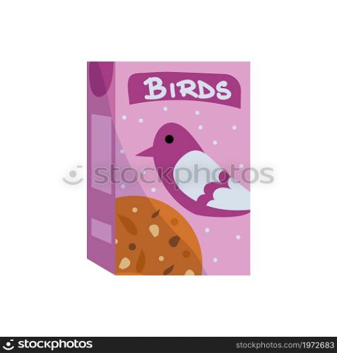 Cartoon package with bird food. Pets feed box. Veterinary shop goods template. Isolated bright cardboard container for domestic animal dry nutrition. Birdie care. Vector vet merchandise packaging. Cartoon package with bird food. Pets feed box. Veterinary shop goods template. Isolated cardboard container for domestic animal nutrition. Birdie care. Vector vet merchandise packaging
