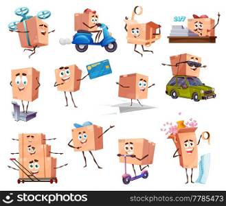 Cartoon packages and cardboard box characters. Shipping and delivery. Vector parcel personages on scooter, drone, car and trolley. Isolated funny pack weighing, cashier worker and wrapping with tape. Cartoon packages and cardboard box characters