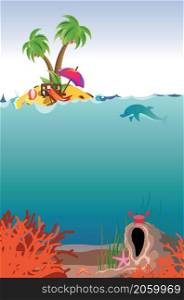 Cartoon palm island and underwater scene with coral reef, small cave and fishes.
