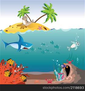 Cartoon palm island and underwater scene with coral reef, small cave and fishes.