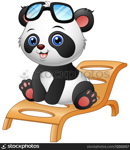 Cartoon panda bear sitting on deck chair isolated on white background