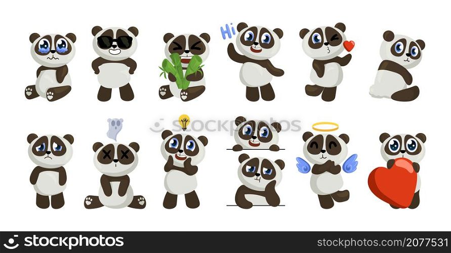 Cartoon panda. Cute baby bear mascot. Jungle animal character with funny smile face. Happy zoo pets emotion expression. Chinese teddy with bamboo and hearts. Vector isolated adorable mammals set. Cartoon panda. Cute baby bear mascot. Jungle animal character with smile face. Happy zoo pets emotion expression. Chinese teddy with bamboo and hearts. Vector adorable mammals set
