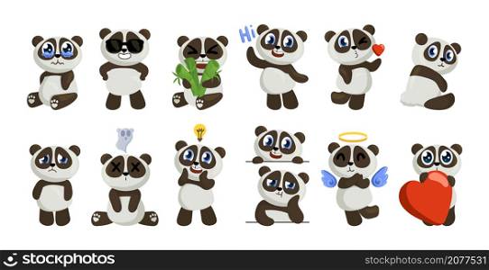 Cartoon panda. Cute baby bear mascot. Jungle animal character with funny smile face. Happy zoo pets emotion expression. Chinese teddy with bamboo and hearts. Vector isolated adorable mammals set. Cartoon panda. Cute baby bear mascot. Jungle animal character with smile face. Happy zoo pets emotion expression. Chinese teddy with bamboo and hearts. Vector adorable mammals set