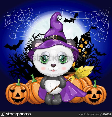 Cartoon panda in a purple witch&rsquo;s hat and cloak with pumpkins, against the backdrop of a cobweb, castle, moon and trees. Halloween poster. Cartoon panda in a purple witch&rsquo;s hat and cloak with pumpkins, against the backdrop of a cobweb, castle, moon and trees. Halloween