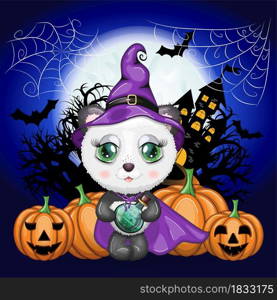 Cartoon panda in a purple witch&rsquo;s hat and cloak with pumpkins, against the backdrop of a cobweb, castle, moon and trees. Halloween poster. Cartoon panda in a purple witch&rsquo;s hat and cloak with pumpkins, against the backdrop of a cobweb, castle, moon and trees. Halloween