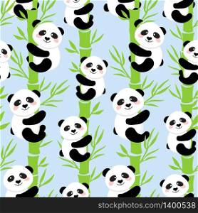 Cartoon Panda on Bamboo trees seamless pattern background. Vector illustration of cute animals on blue backdrop.. Cute Cartoon Panda Seamless Pattern Background, Vector illustration
