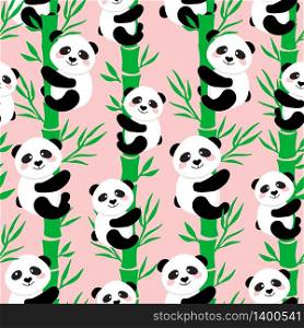 Cartoon Panda on Bamboo trees seamless pattern background. Vector illustration of cute animals on pink backdrop.. Cute Cartoon Panda Seamless Pattern Background, Vector illustration