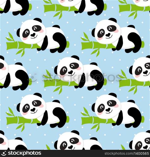 Cartoon Panda on Bamboo trees seamless pattern background. Vector illustration of cute animals on blue backdrop.. Cute Cartoon Panda Seamless Pattern Background, Vector illustration