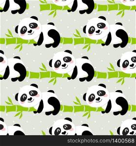 Cartoon Panda on Bamboo trees seamless pattern background. Vector illustration of cute animals on grey backdrop.. Cute Cartoon Panda Seamless Pattern Background, Vector illustration
