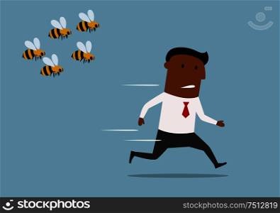 Cartoon panicked african american businessman running away from a swarm of angry huge bees