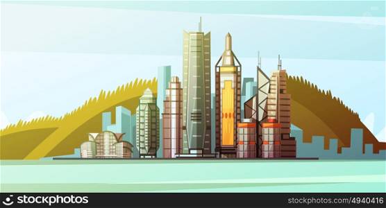 Cartoon Panorama Of Hong Kong Center. View from sea to panorama of Hong Kong center with skylines and bridge background flat vector illustration