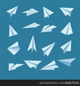 Cartoon paper plane vector illustrations set. Collection of white paper airplanes flying in air or sky, aircraft from folded paper isolated on blue background. Origami, communication, freedom concept