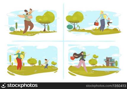 Cartoon Parents and Children Outdoors in Forest, Garden or Yard Trendy Flat Set. Father or Mother with Son, Women Along after Shopping. People Characters Having Fun, Playing. Vector Craft Illustration. Parents and Children Outdoor in Forest or Yard Set