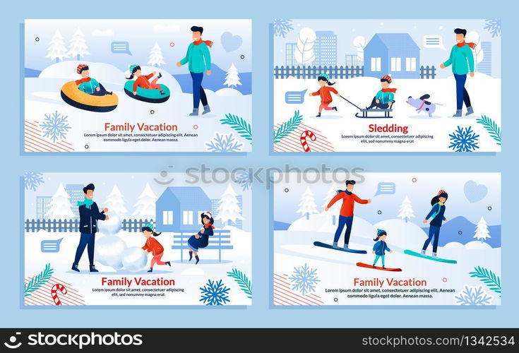 Cartoon Parents and Children Playing, Making Snowballs for Snowman, Skating, Having Fun with Dog. Winter Activities. Vacation, Outdoors Sports. New Year, Xmas. Banner Set. Vector Flat Illustration. Parents and Children Winter Activities Banner Set