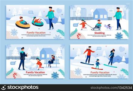 Cartoon Parents and Children Playing, Making Snowballs for Snowman, Skating, Having Fun with Dog. Winter Activities. Vacation, Outdoors Sports. New Year, Xmas. Banner Set. Vector Flat Illustration. Parents and Children Winter Activities Banner Set