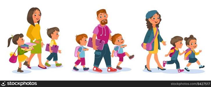 Cartoon parents with children characters walk. Adults accompany students. School year beginning. Kids with backpacks go to study. Happy babies accompaniment by mother and father. Splendid vector set. Cartoon parents with children walk. Adults accompany students. School year beginning. Kids with backpacks go to study. Babies accompaniment by mother and father. Splendid vector set