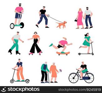 Cartoon park walking characters, walk with dog and ride bicycle. Happy couples, people outdoor rest. Old and young person vector set of character in park, leisure time illustration. Cartoon park walking characters, walk with dog and ride bicycle. Happy couples, people outdoor rest. Old and young person vector set