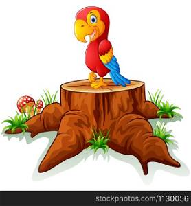 Cartoon parrot on tree stump